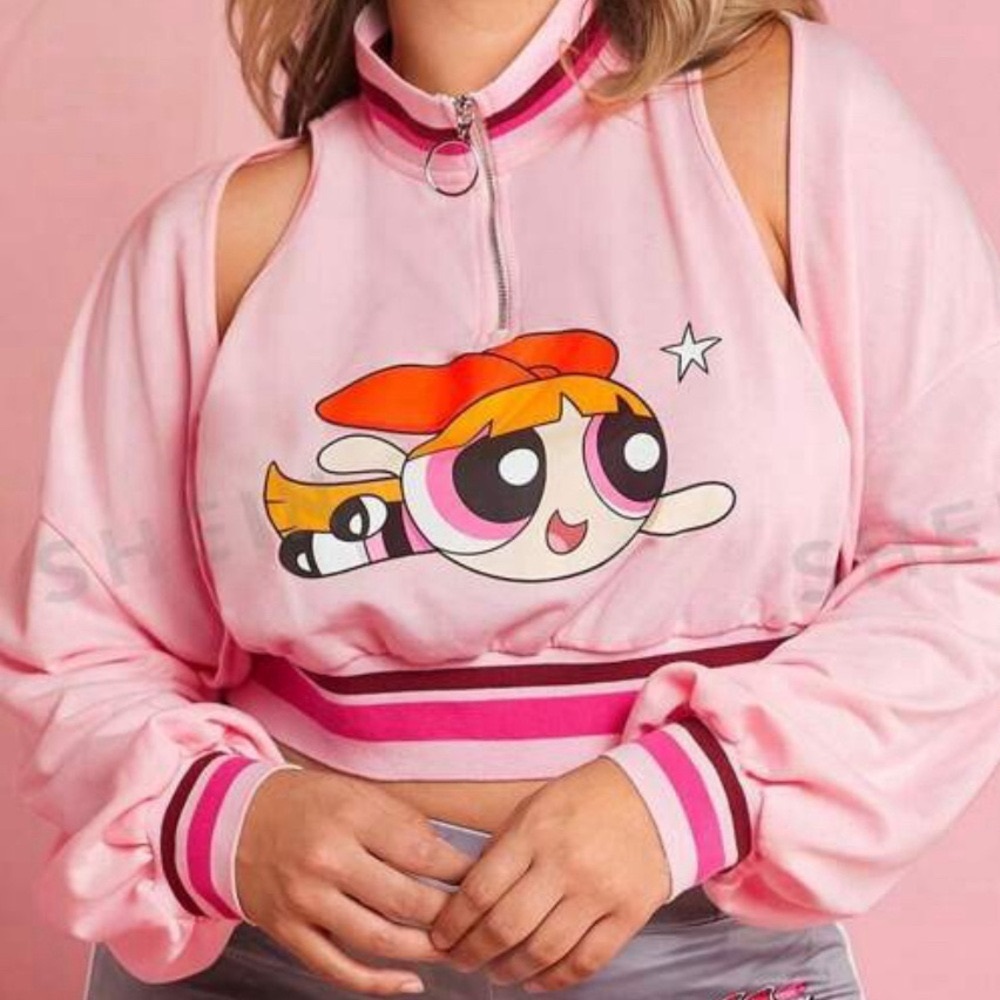 1pc Figure Graphic Striped Trim Drop Shoulder Crop Sweatshirt